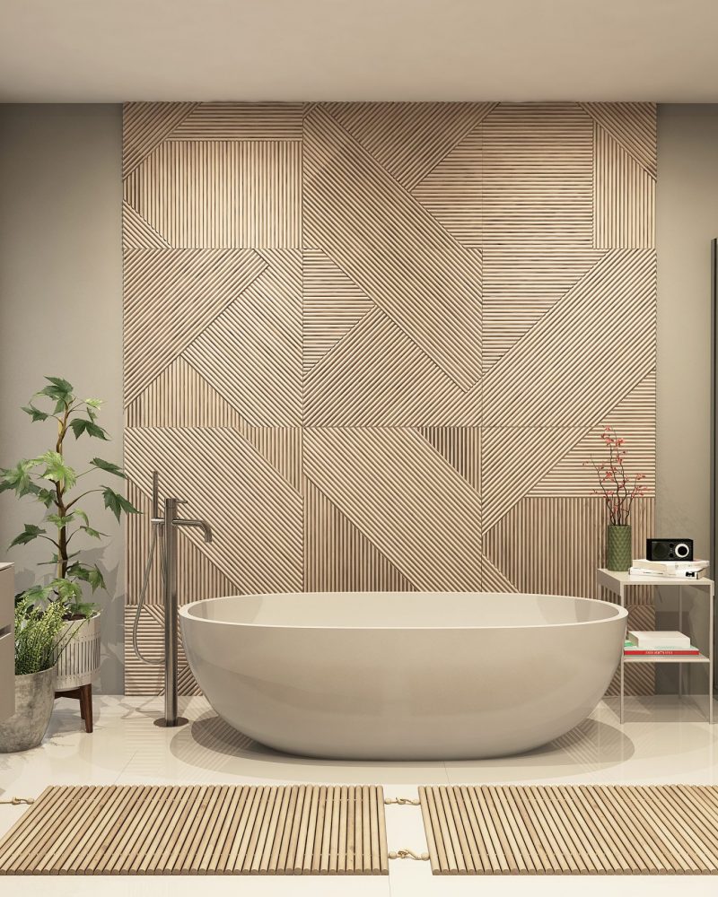Modern,Bathroom,Interior,With,Wooden,Decor,In,Eco,Style.,3d